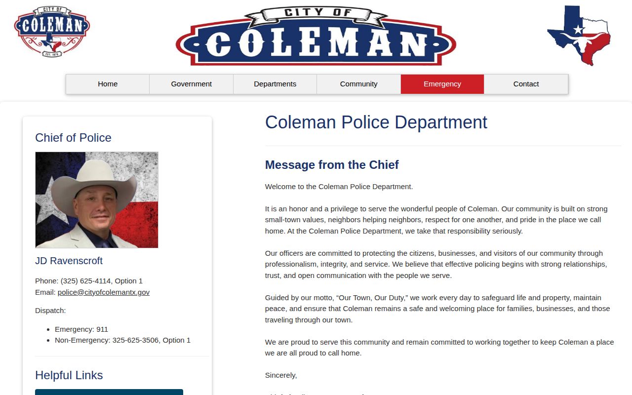 Coleman Police Department arrest-record contact page for Coleman County booking lookup