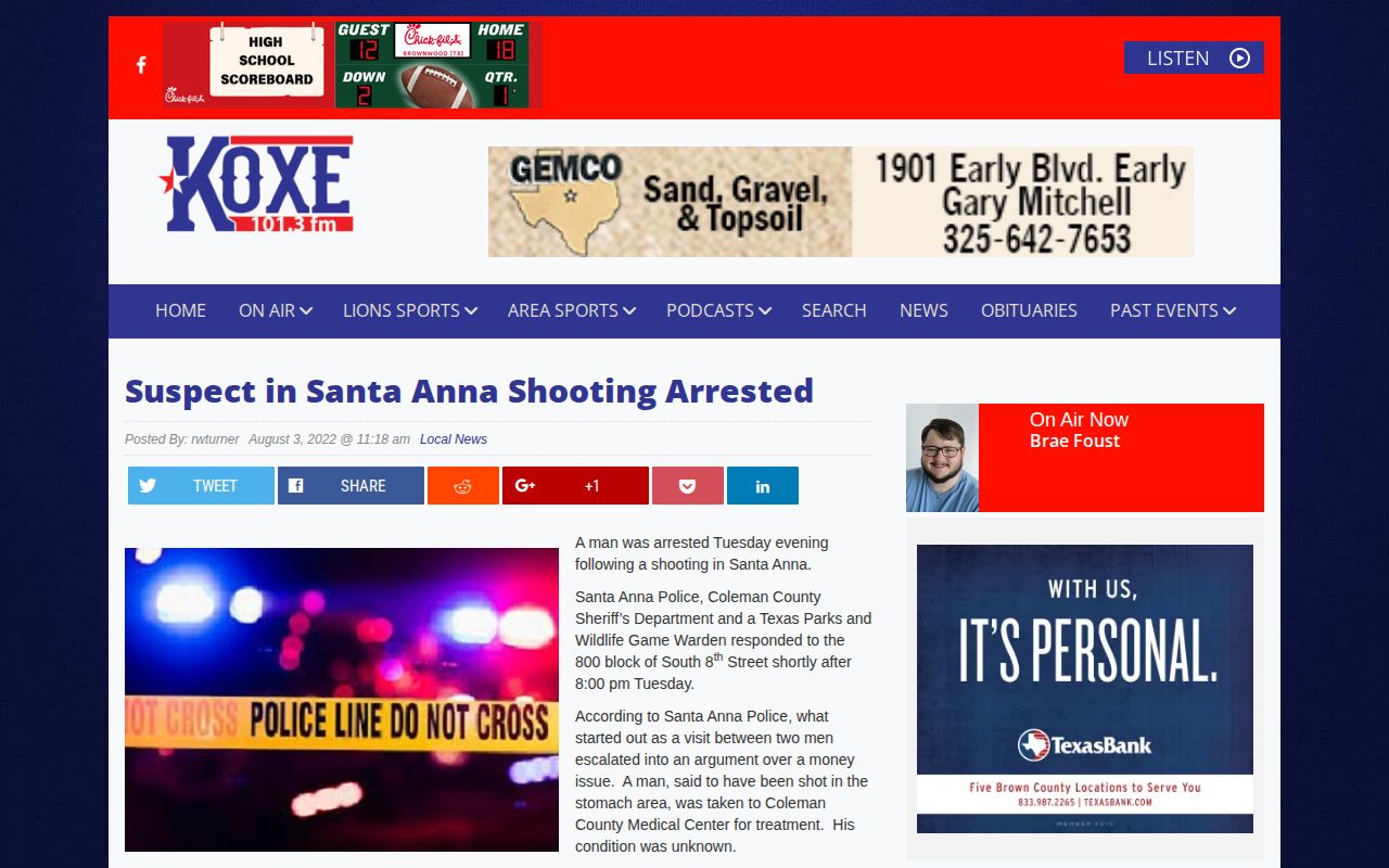 KOXE Santa Anna arrest-news report connected to Coleman County booking records